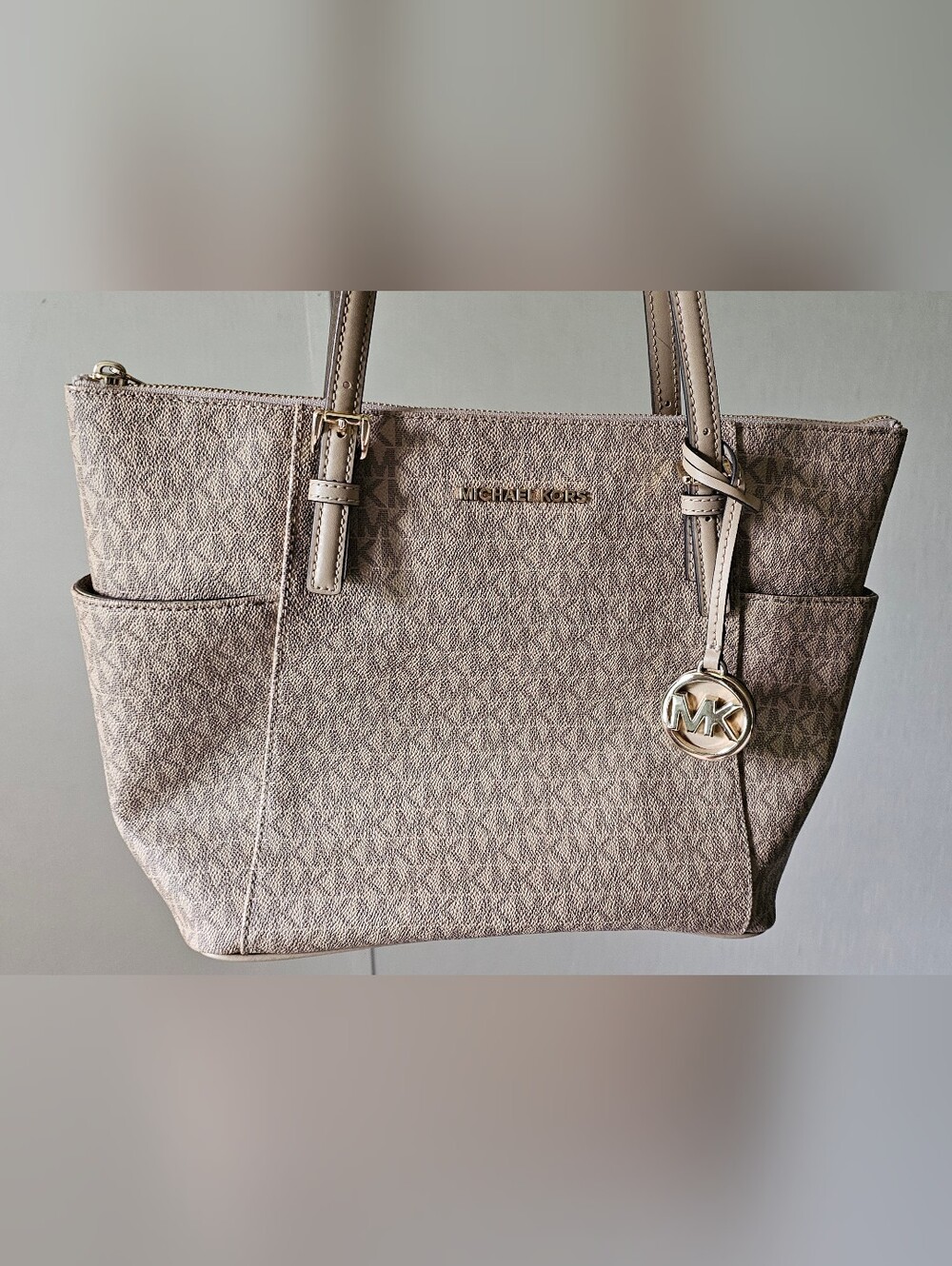 Michael Kors Beige Taupe Monogram Tote with Gold Logo